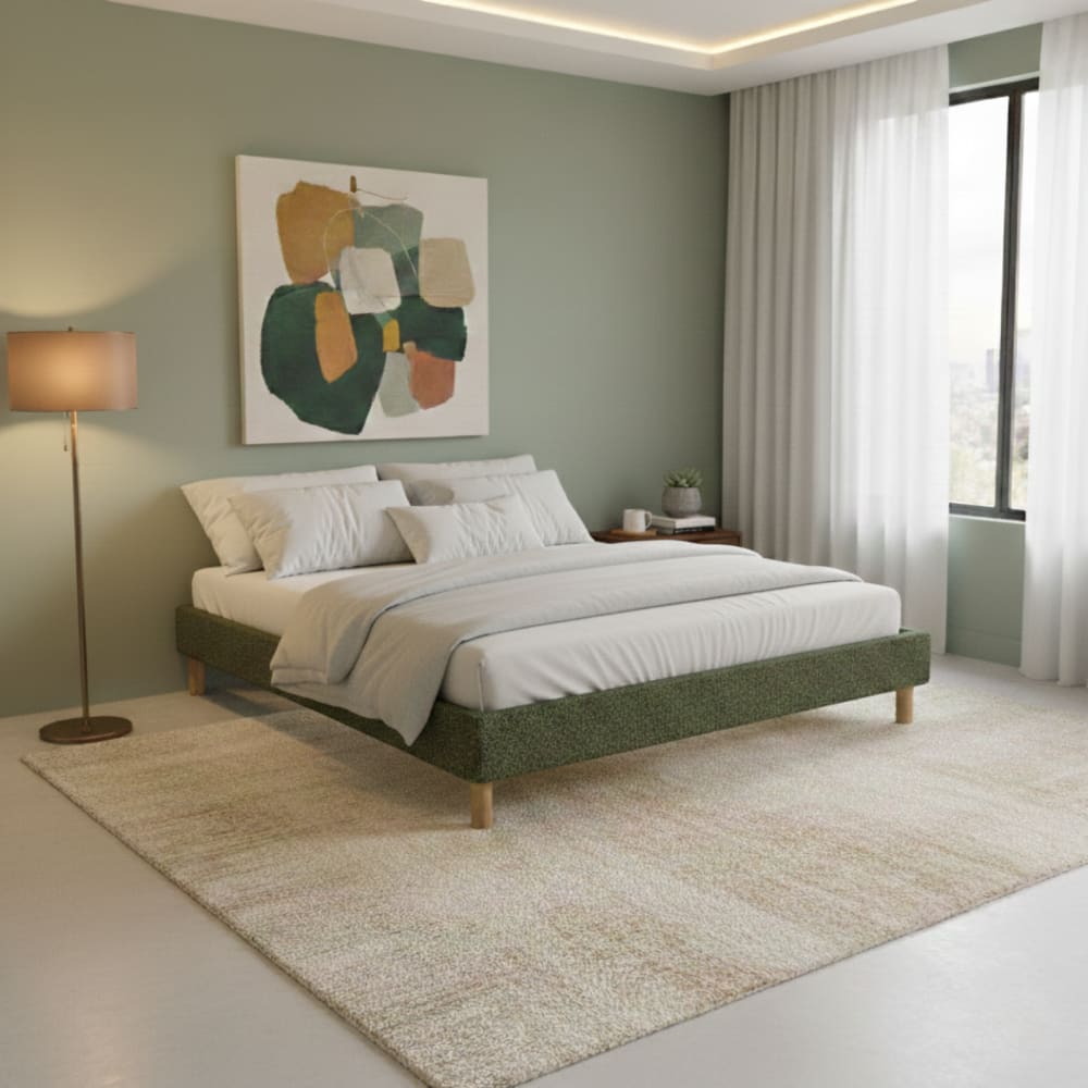 SAMPUR Bett mit Lattenrost aus Bouclé Olive 90x190 cm style modern Grün Spanplatte