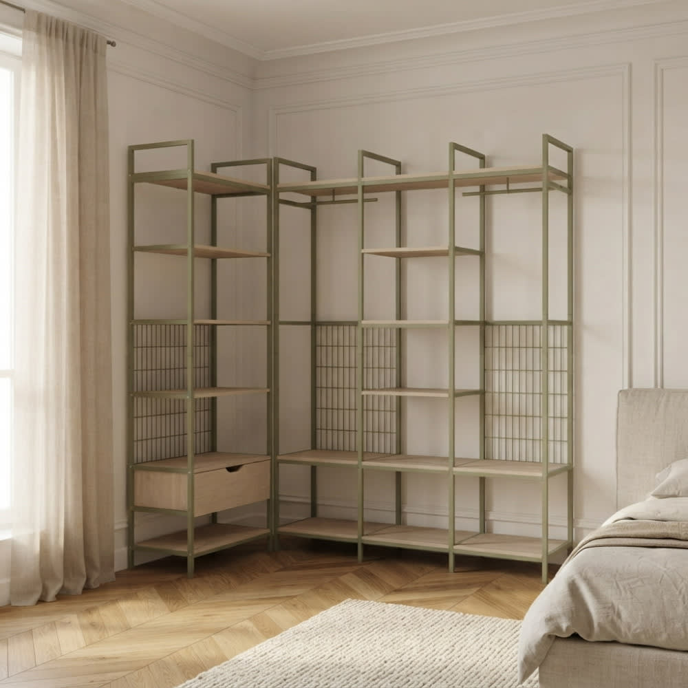 Dressing ouvert modulable 3 éléments métal et bois l140xh179,5cm vert