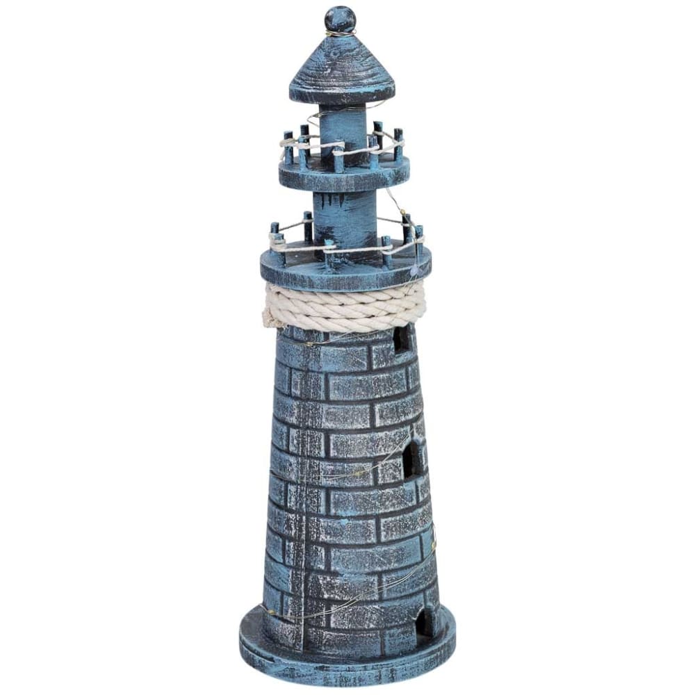 Figurine décoration phare en bois avec led bleu 11x11x32 cm