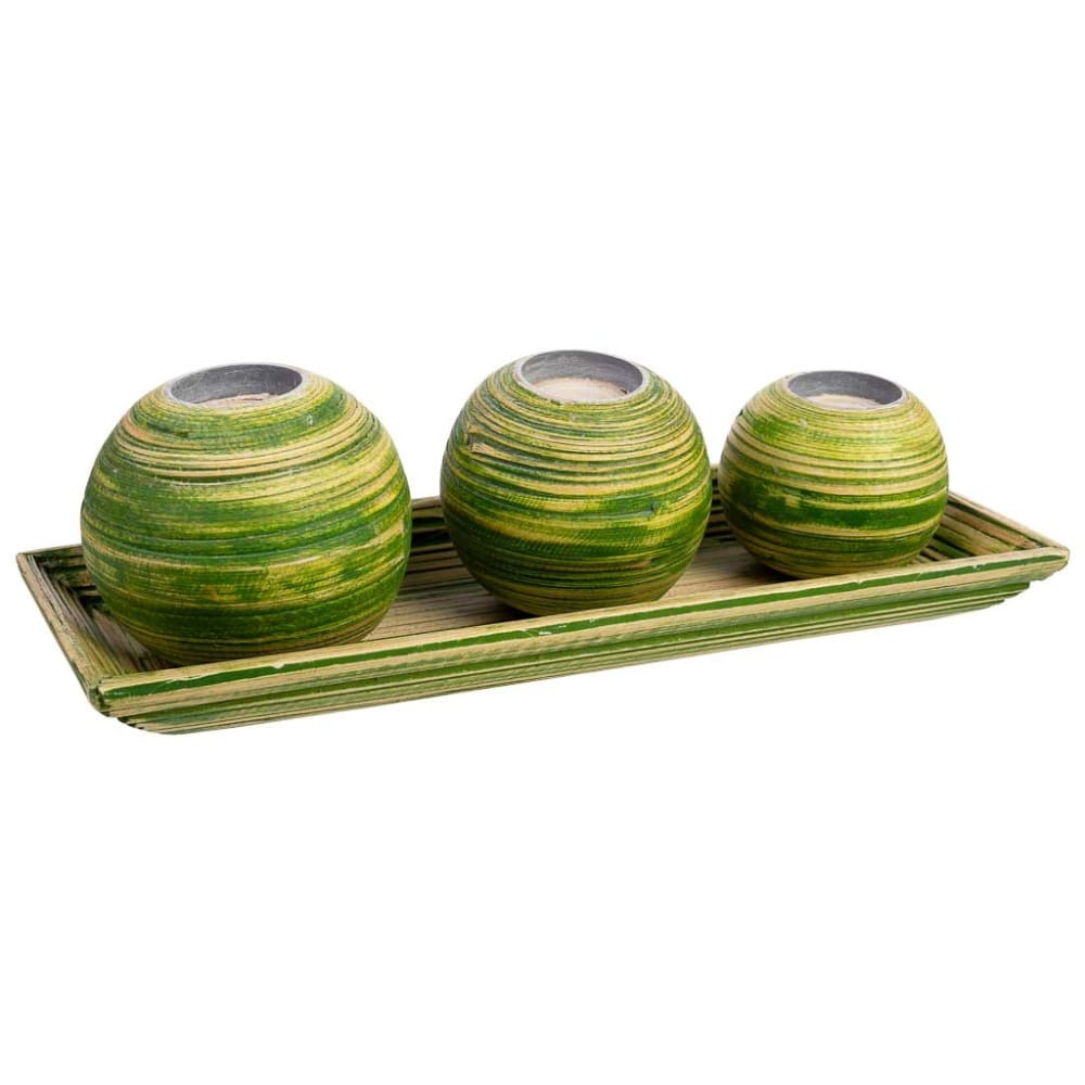 Jeu plateau et 3 photophores en bois de bambou vert 33x13x3 cm