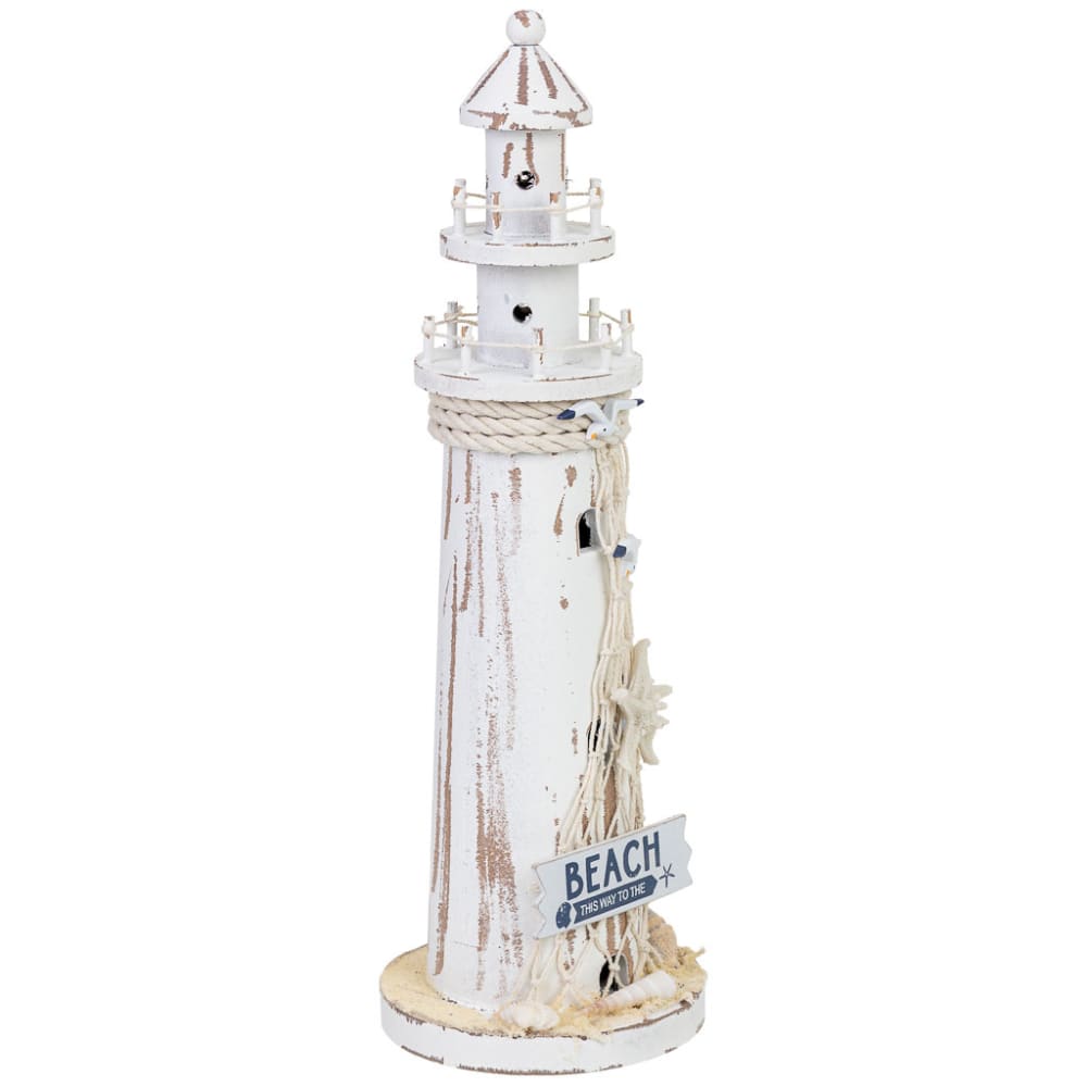 Wanderlust deco Dekofigur Leuchtturm aus Holz mit LED 13x13x39 cm weiß style seaside - Spanplatte