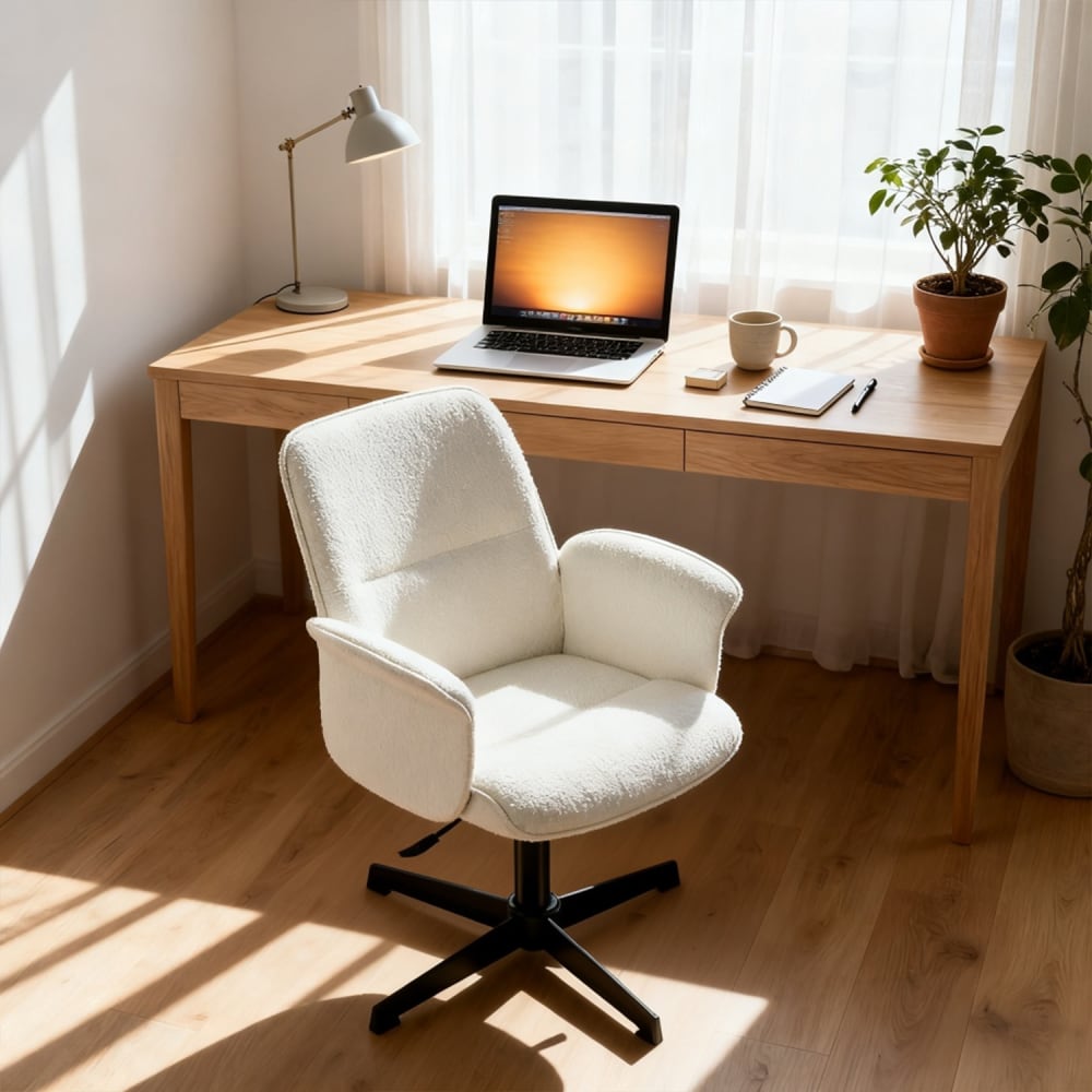 360° drehbarer, verstellbarer Bouclé-Bürostuhl, Weiß - Maisons Du