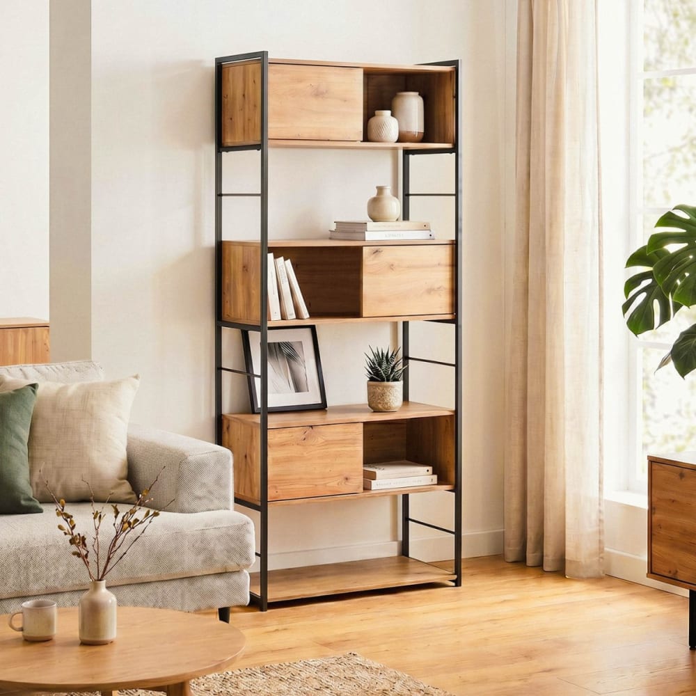 Etagère bibliothèque 3 portes coulissantes h196 cm - bois clair