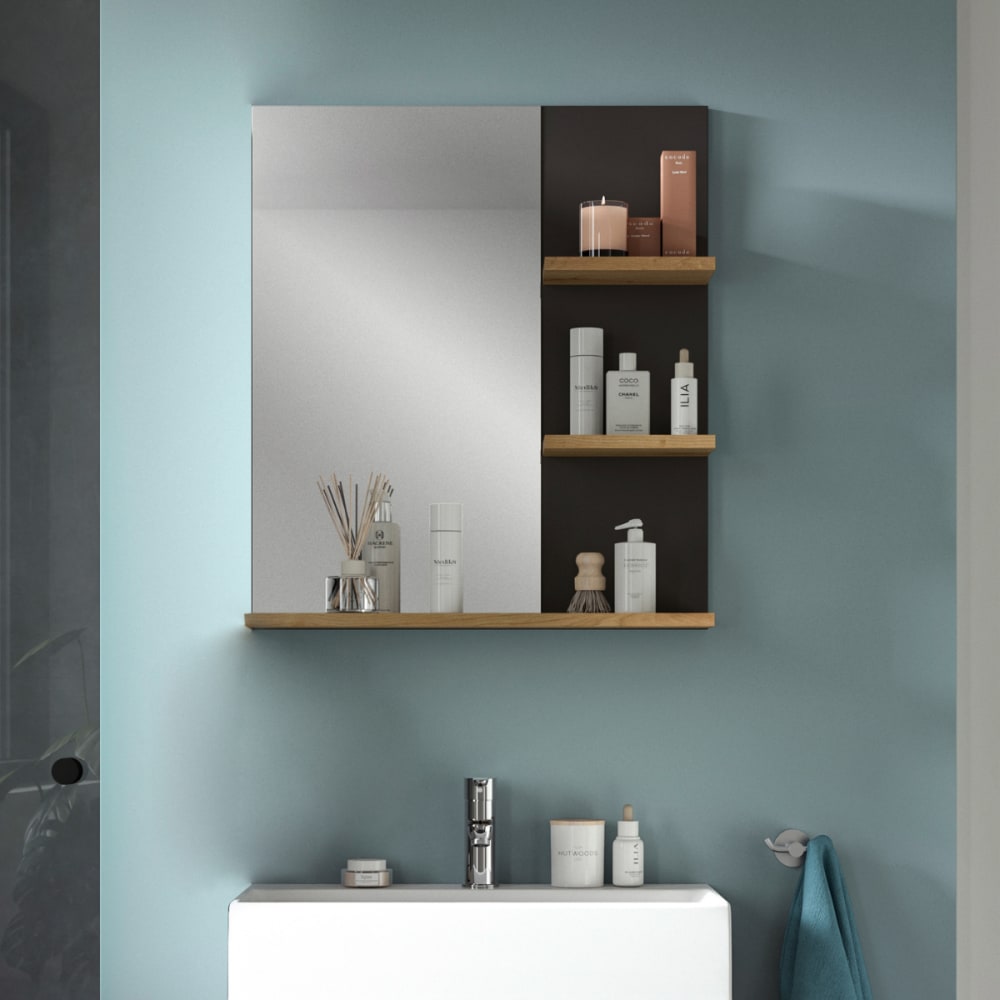 Spiegel mit 3 Ablagen in Eichen- und Grau-Optik B63 cm - Maisons
