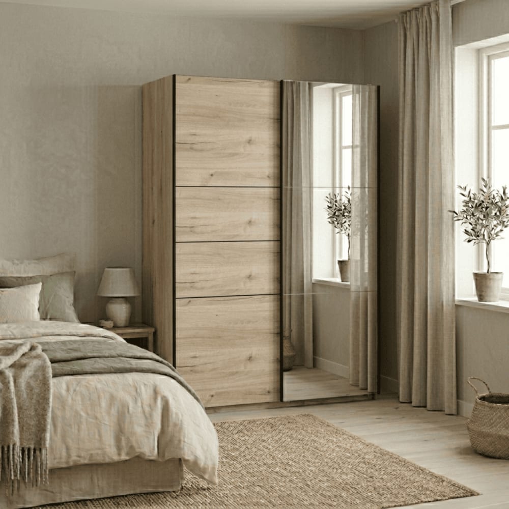 Schrank mit 2 Schiebetüren, B150 cm - Eichenoptik - Maisons Du