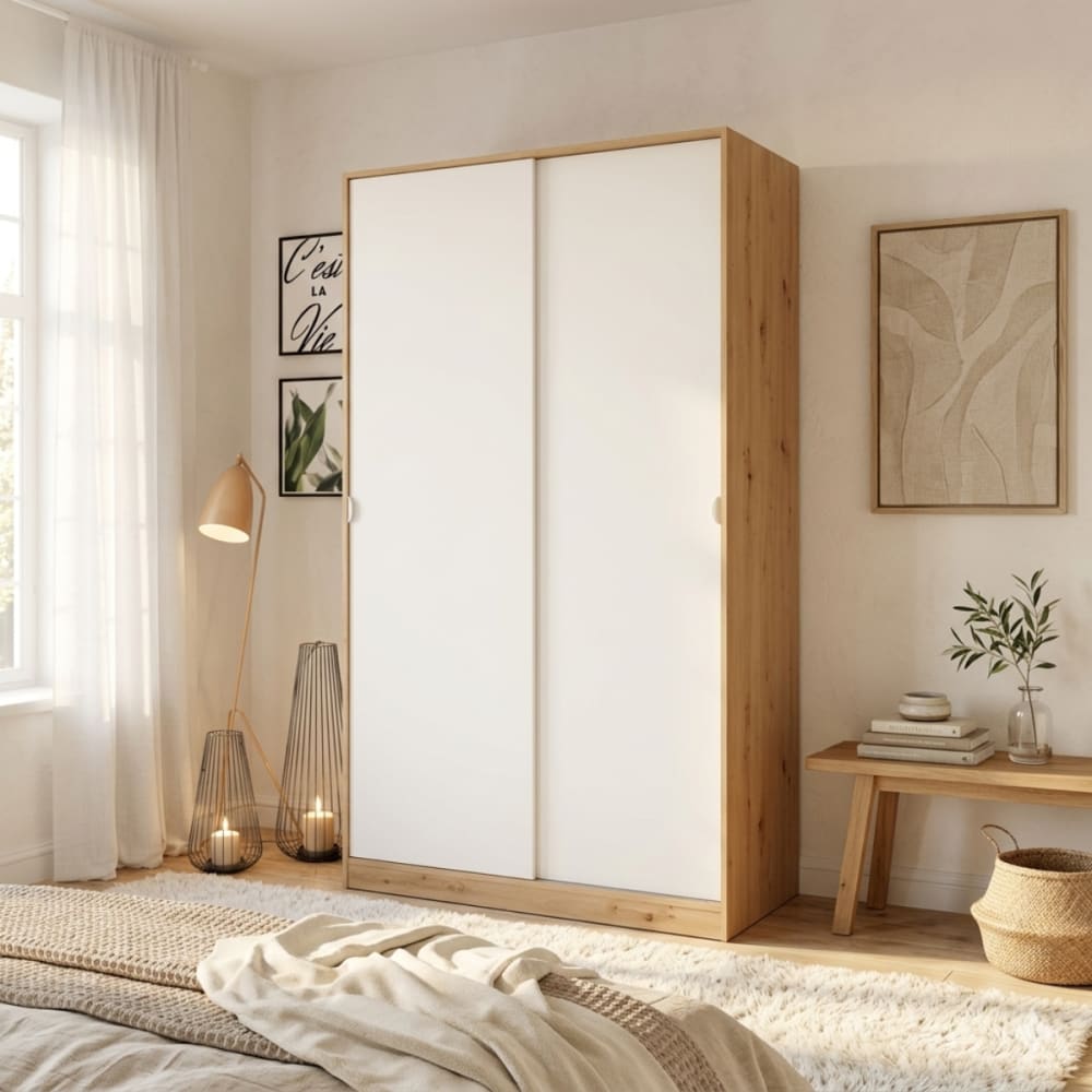 Schrank mit 2 Schiebetüren, Holzoptik und Weiß H200 cm - Maisons