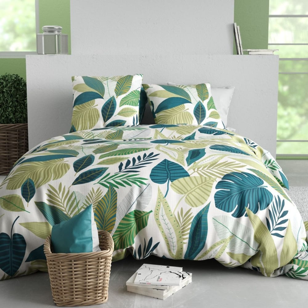 Parure housse couette 240x220cm 2 taies tropical vert blanc en coton