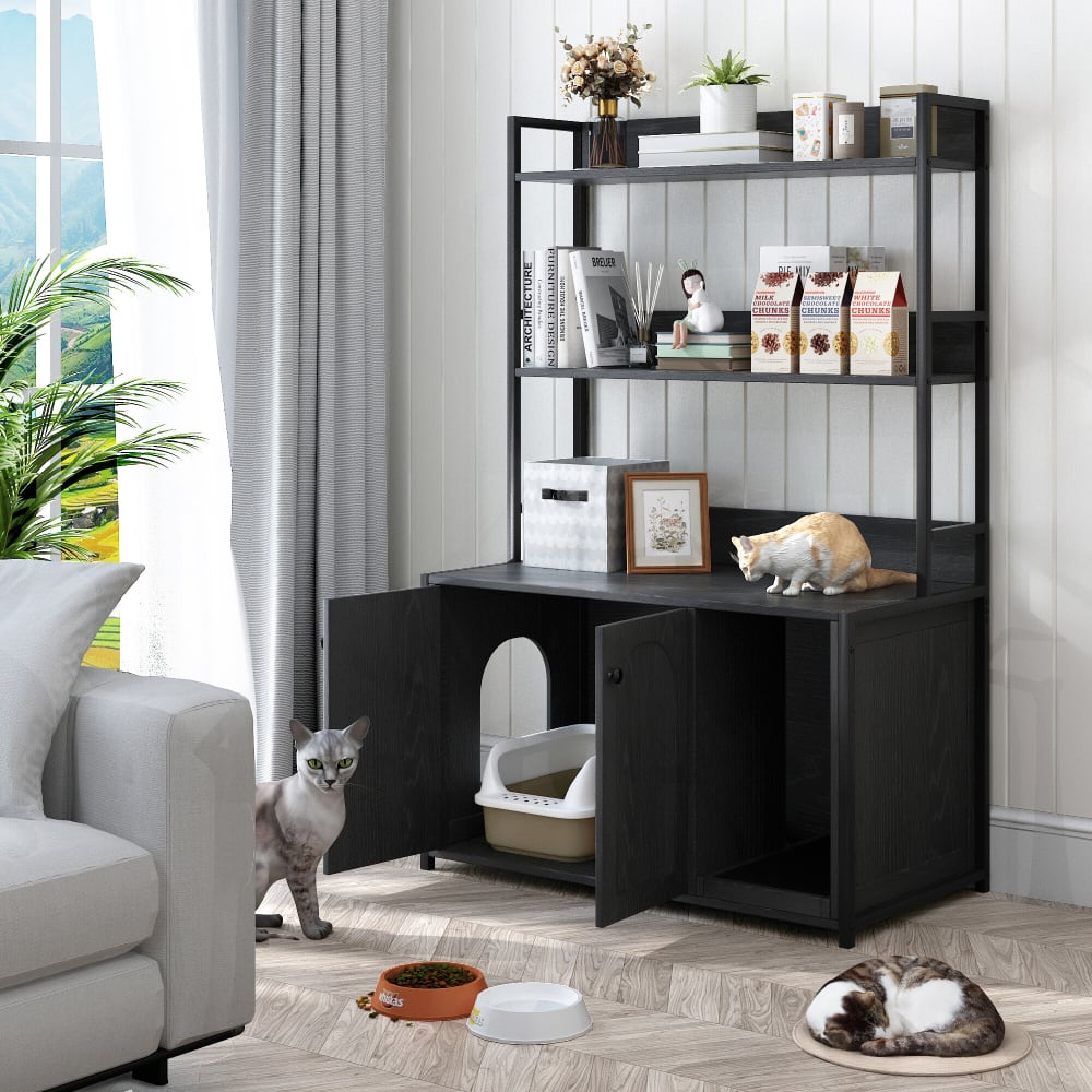 Katzenstreuschrank mit Lagerregal Katzenhaus Holz Schwarz &