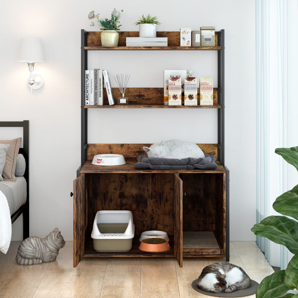 Katzenstreuschrank mit Lagerregal Katzenhaus Holz Braun & Metall