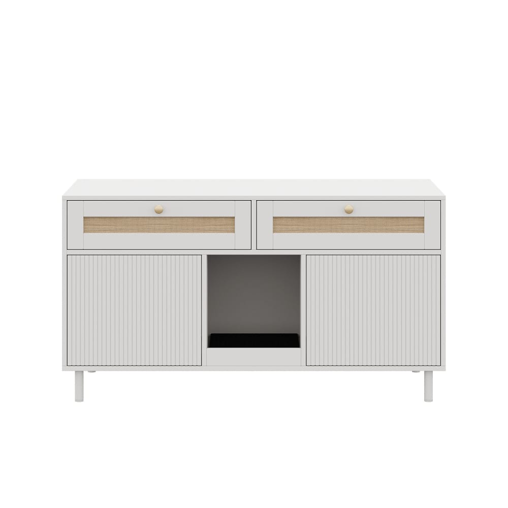 Urban Cocon Katzenstreuschrank Weiß 2 Ebenen Haustierschrank mit Rattan-Schublade Weiß Spanplatte