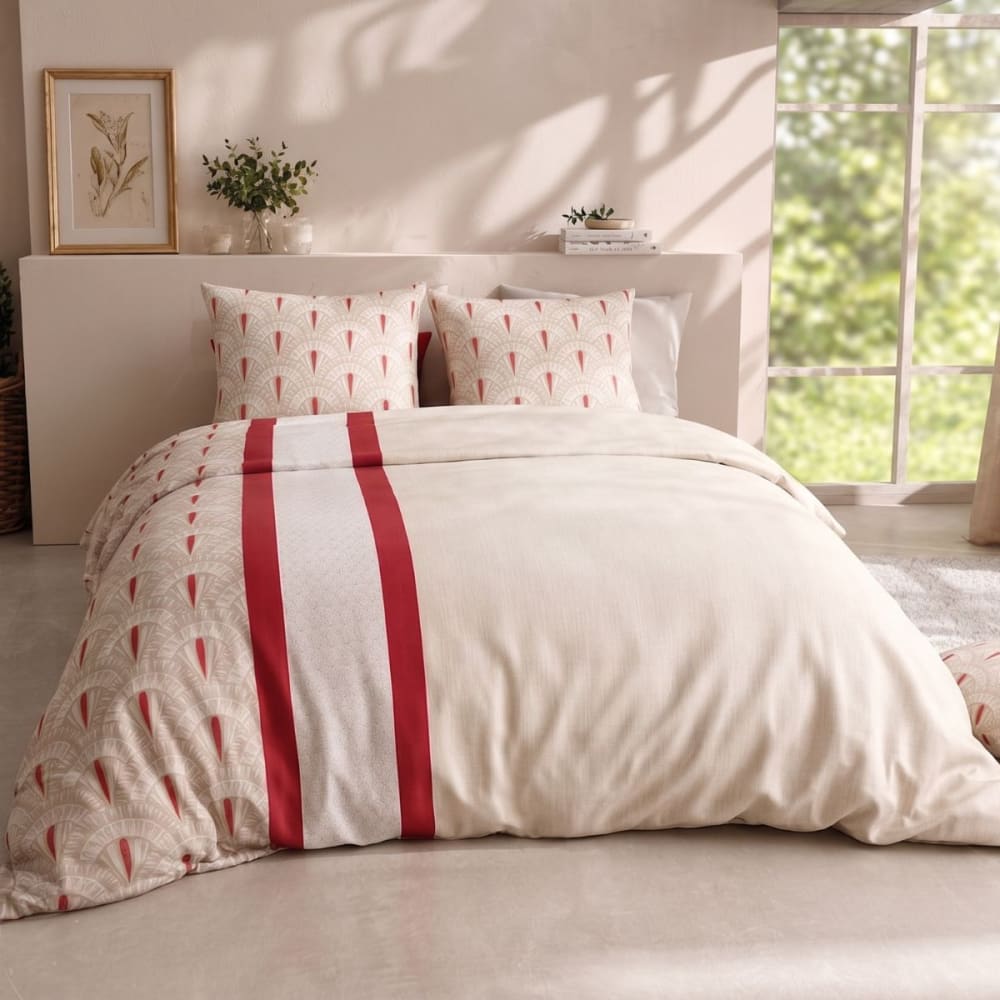 Parure housse couette 260x240cm 2 taies art-déco rouge beige en coton