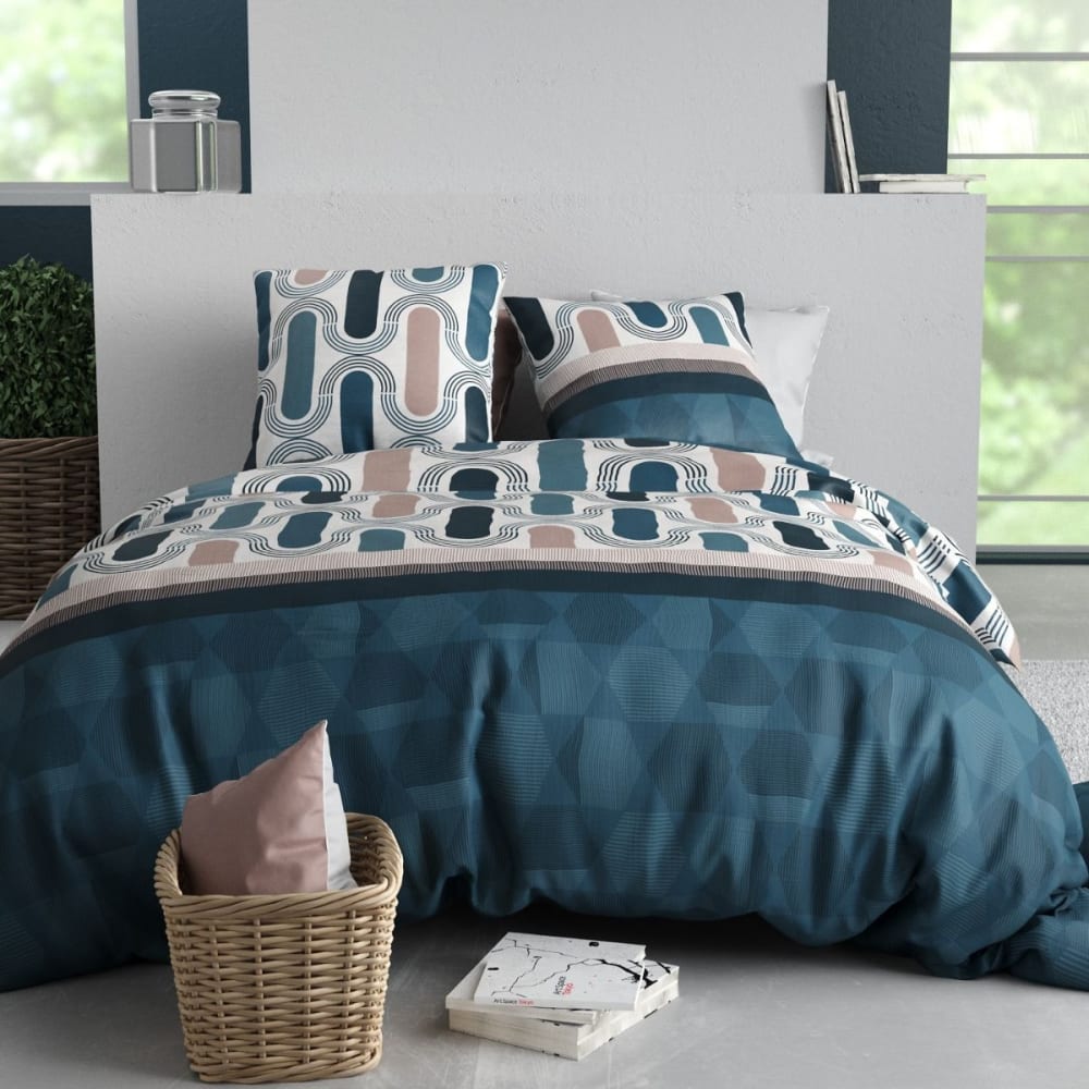 Parure housse couette 240x220cm 2 taies pop rétro bleu rose en coton