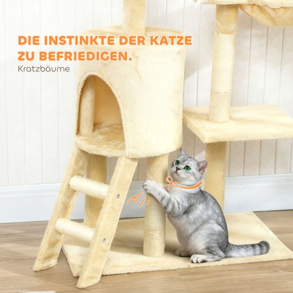 Mehrstöckiger Katzenbaum mit Höhle, Hängematte & Spielzeug, Beige