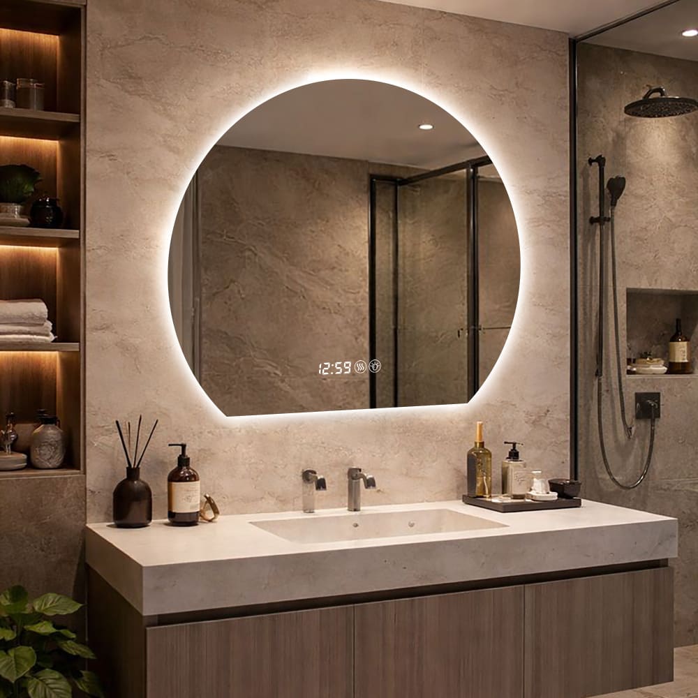 Miroir LED salle de bain 80x72 cm anti-buée avec horloge