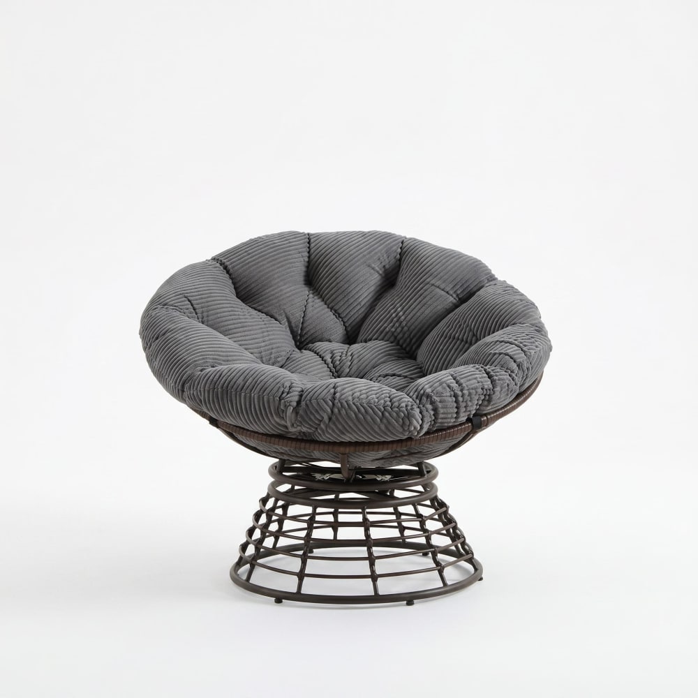 Urban Cocon Papasan Sessel drehbar aus Polyrotan Lounge-Sessel mit Kissen, Grau Grau Edelstahl