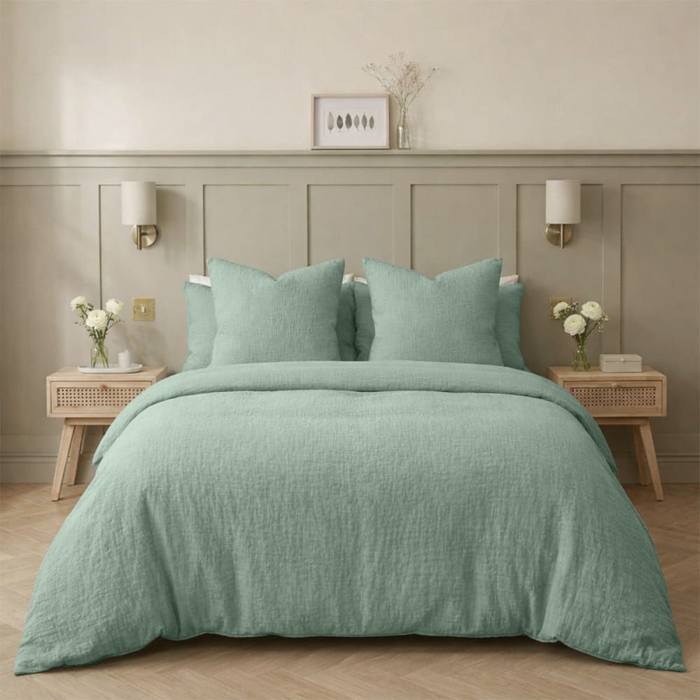 Parure + taies 65x65 gaze de coton vert céladon 240x220