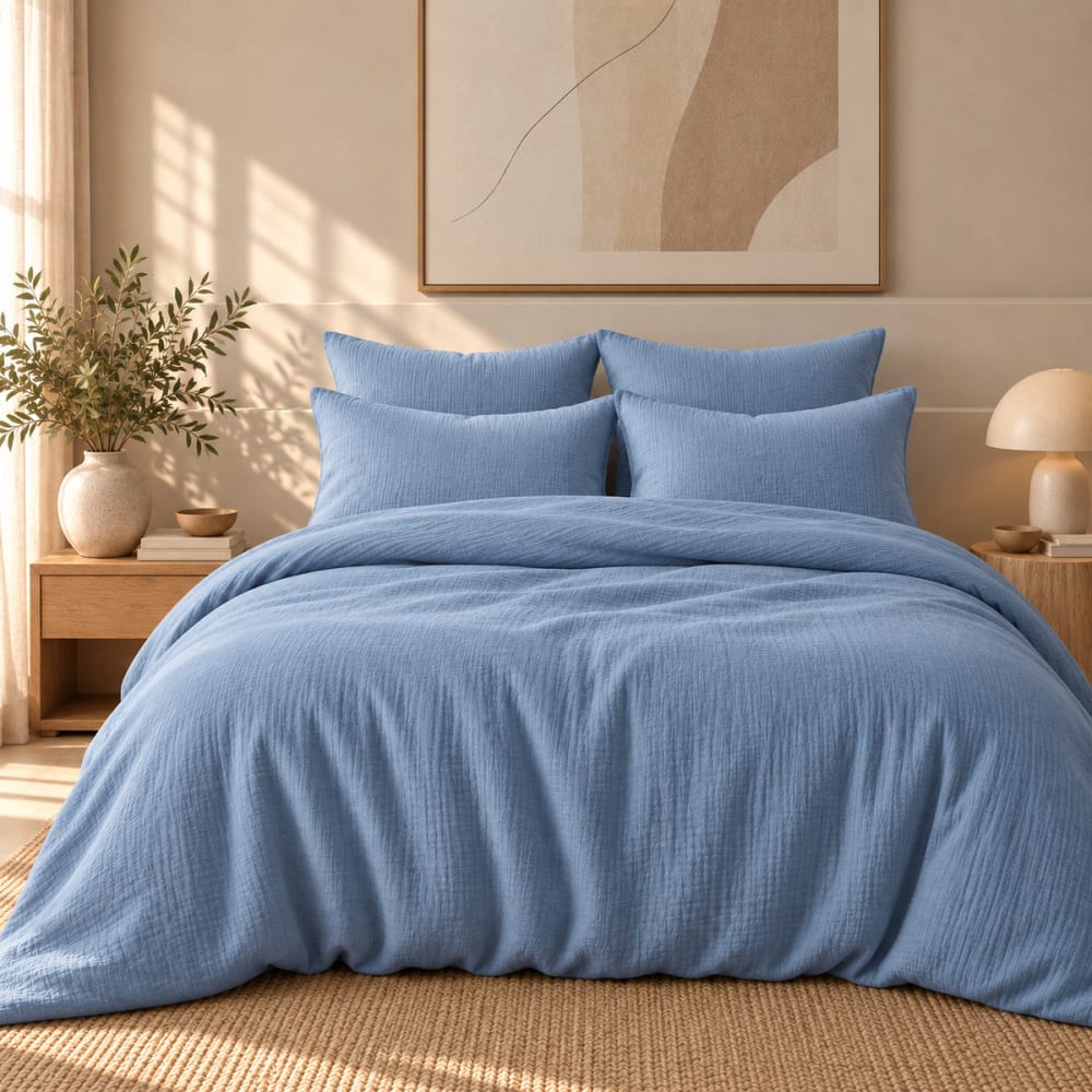Parure + taies 65x65 gaze de coton bleu 260x240