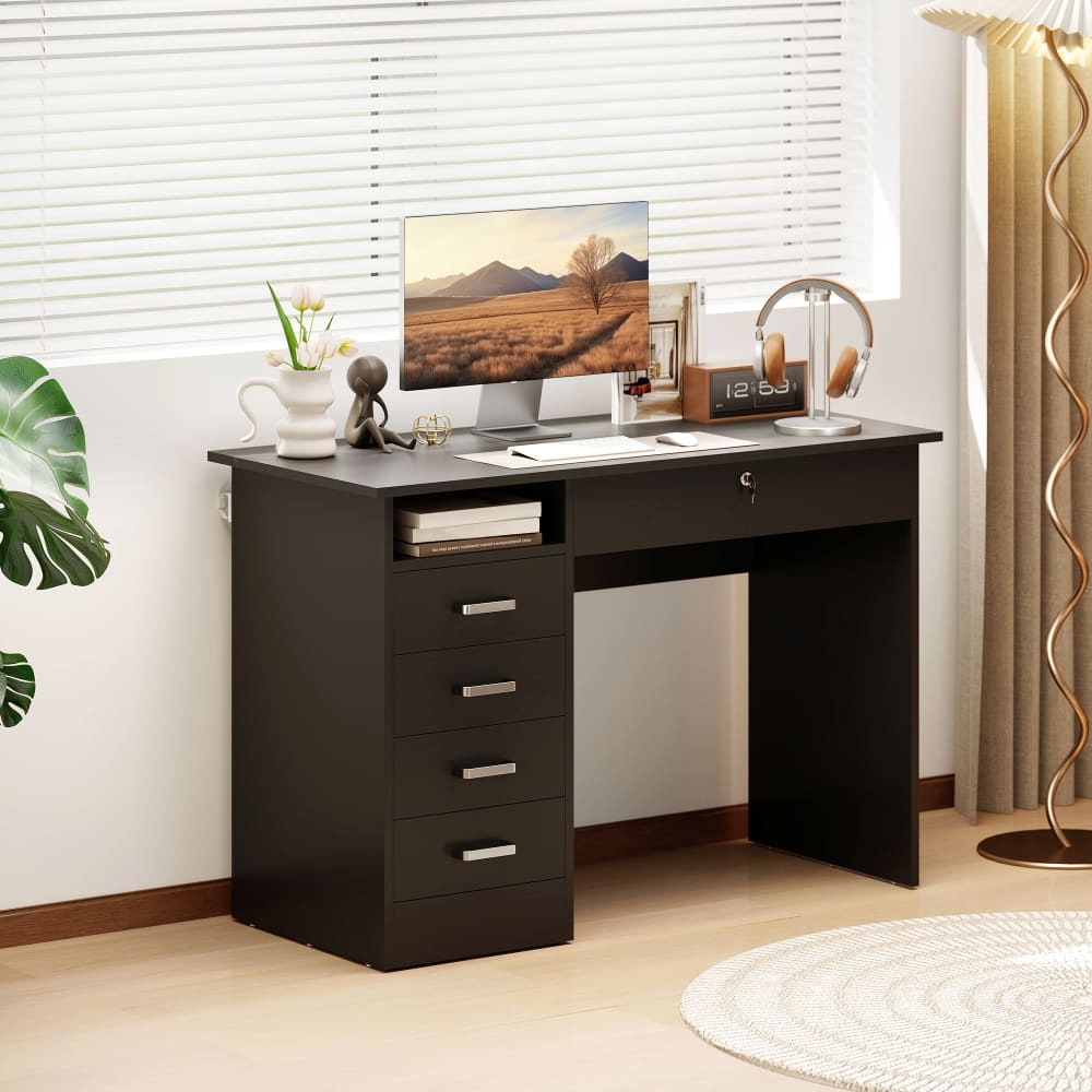 Bureau informatique moderne cinq tiroirs grand plateau bois noir