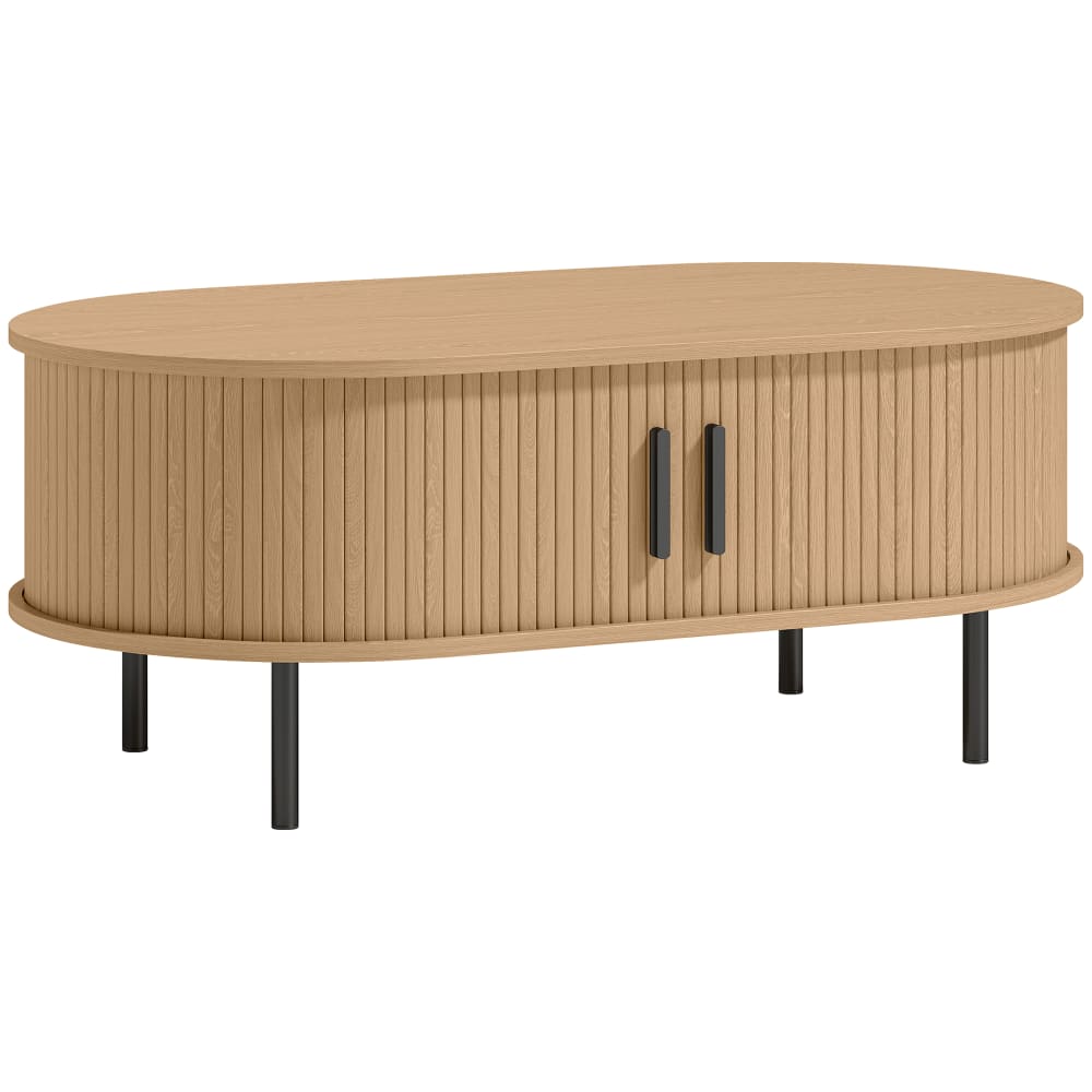 Table basse portes coulissantes rangement caché métal bois naturel