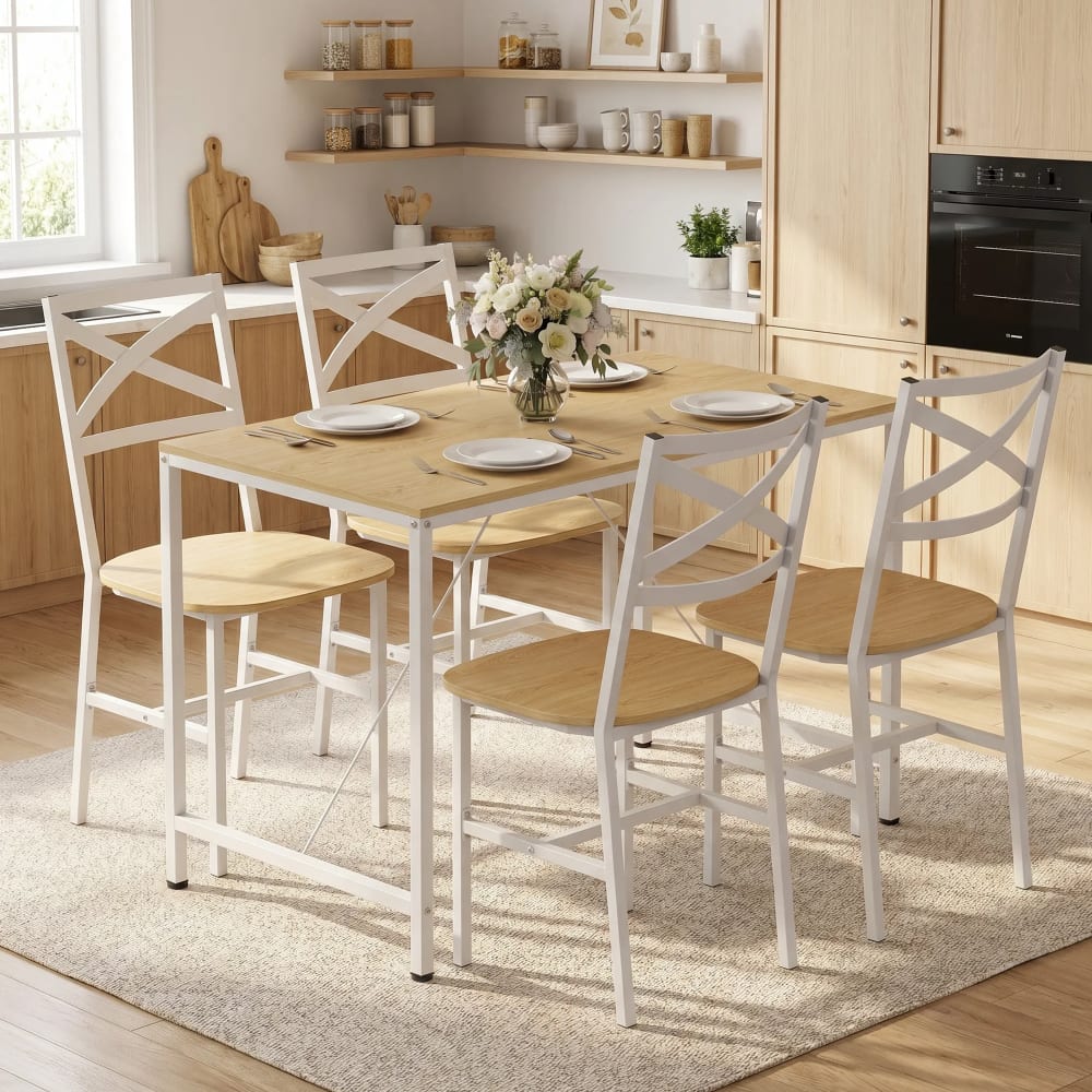 Ensemble table salle à manger avec 4 chaises acier naturel et blanc
