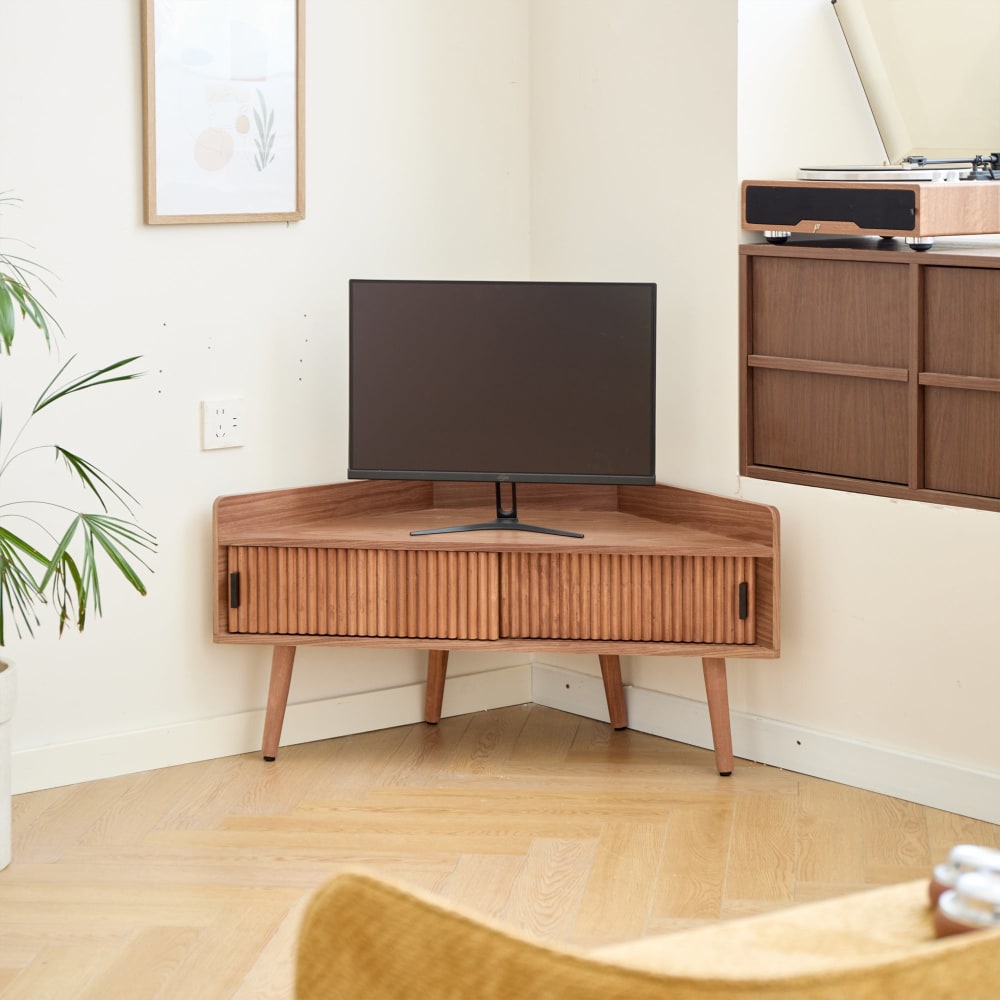 Nordlys Eck-TV-Schrank aus Nussbaumholz mit 2 Schiebetüren Dunkelbraun style seaside - -