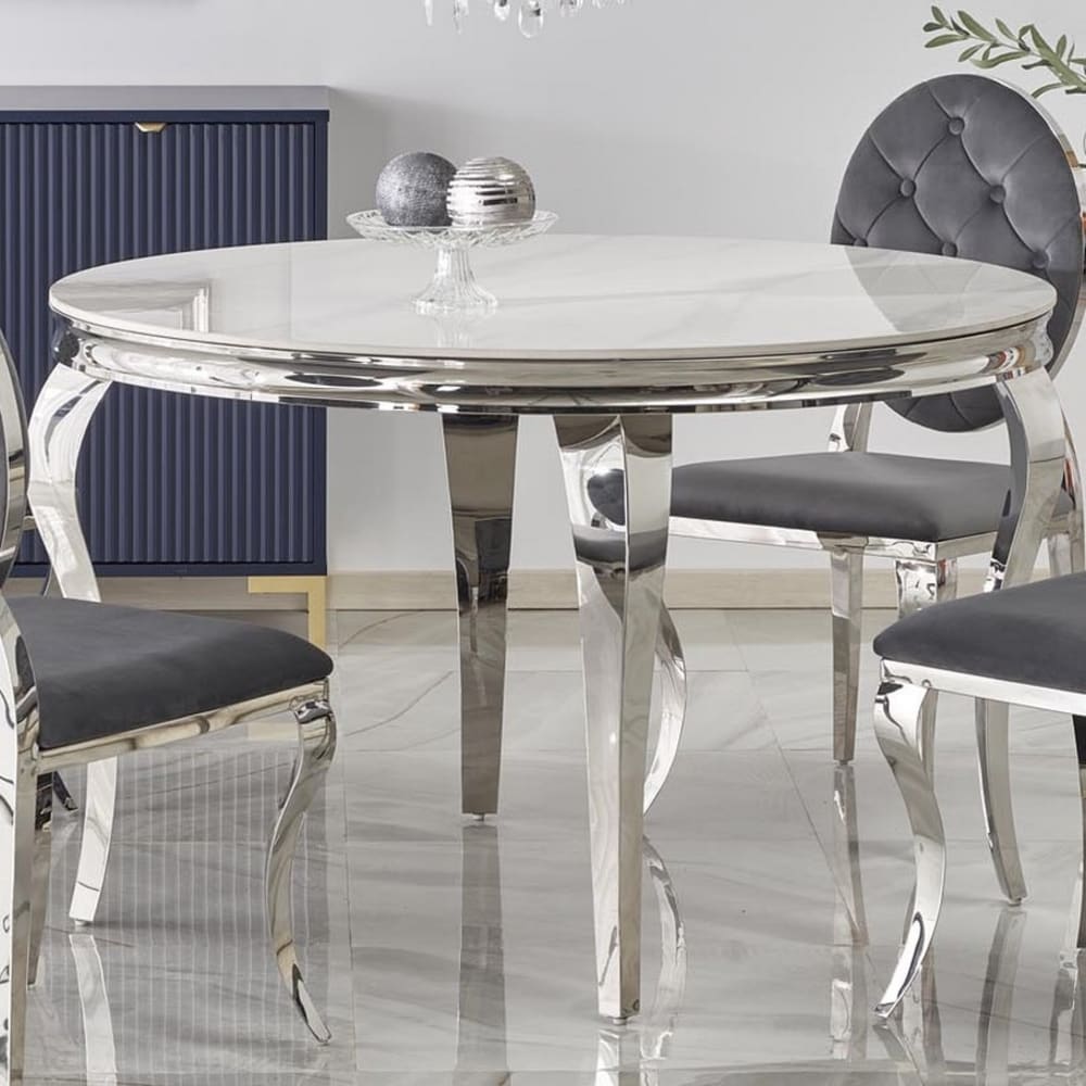 Runder Esstisch im Barock-Marmor-Look, silberne Beine 120 cm -