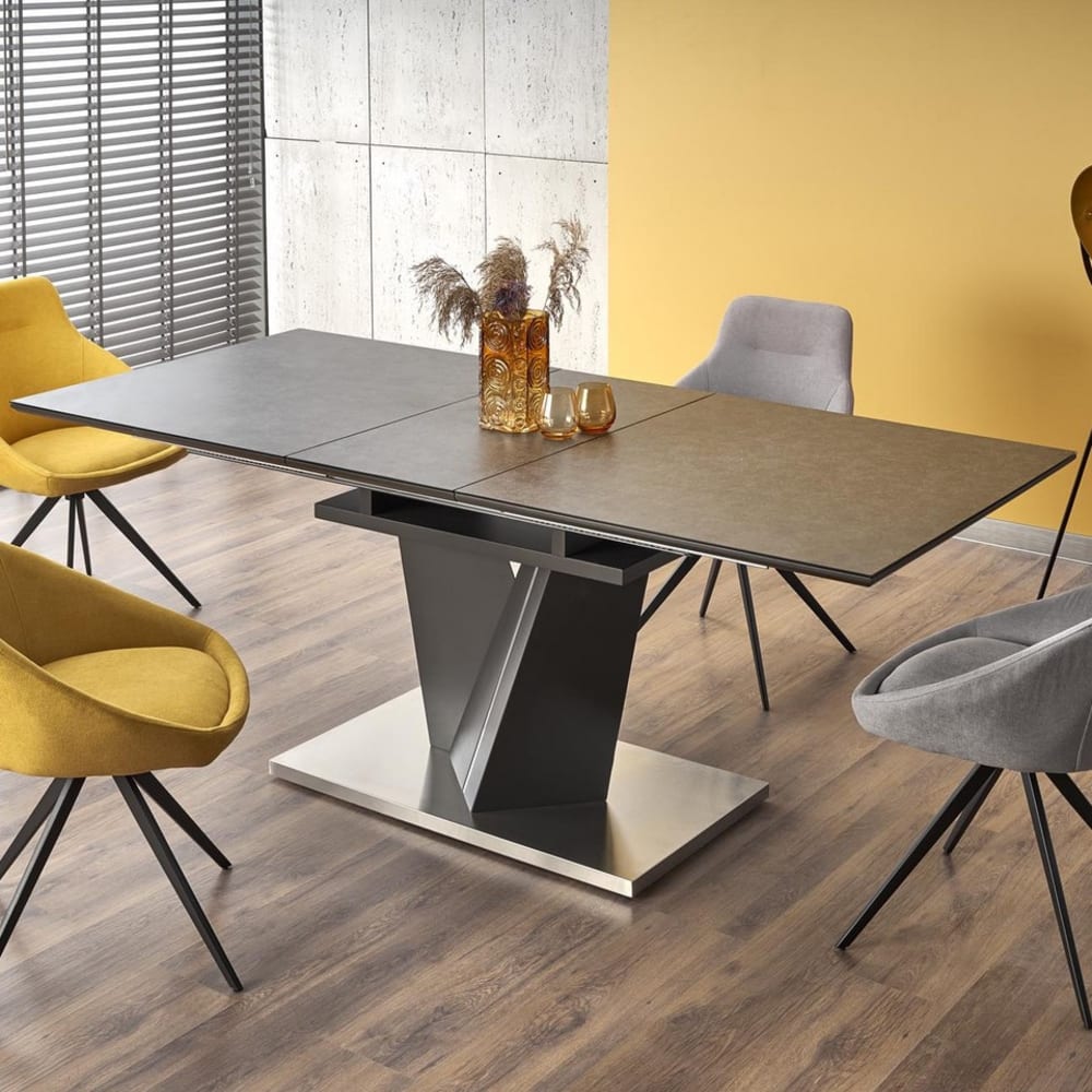 Esstisch mit Glasplatte und grauem Metallbein 160–200 cm -