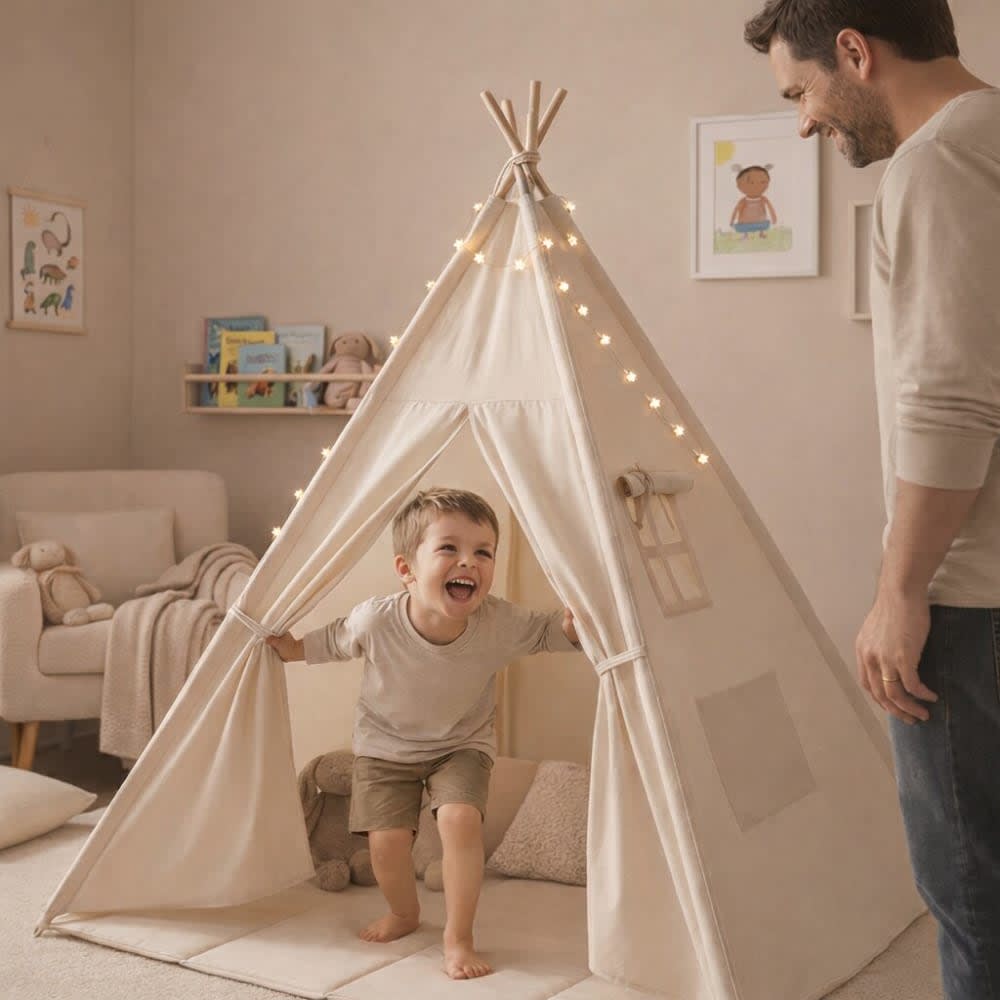 Kinder-Tipi mit Matte und Girlanden, Baumwolle-Polyester, Beige -