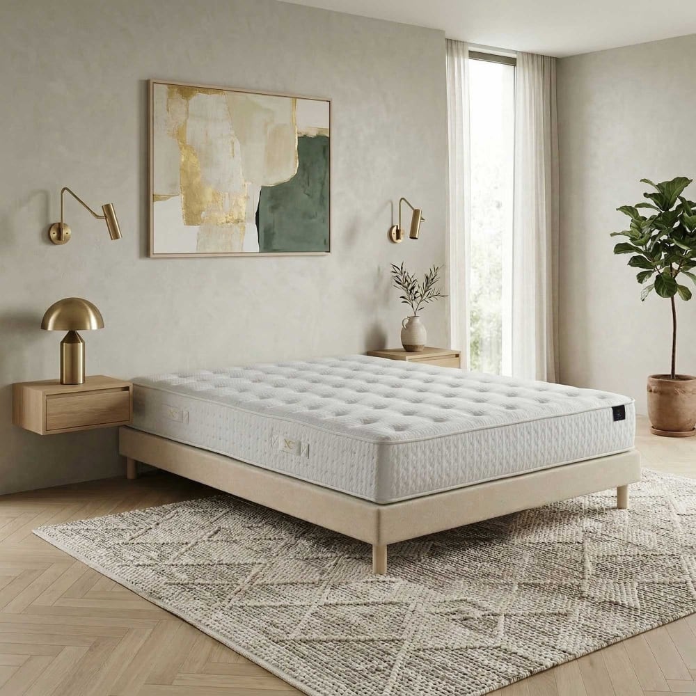 Ensemble matelas hybride ensaches comete h27 cm sommier beige Ensemble matelas hybride ensaches comete h27 cm sommier beige