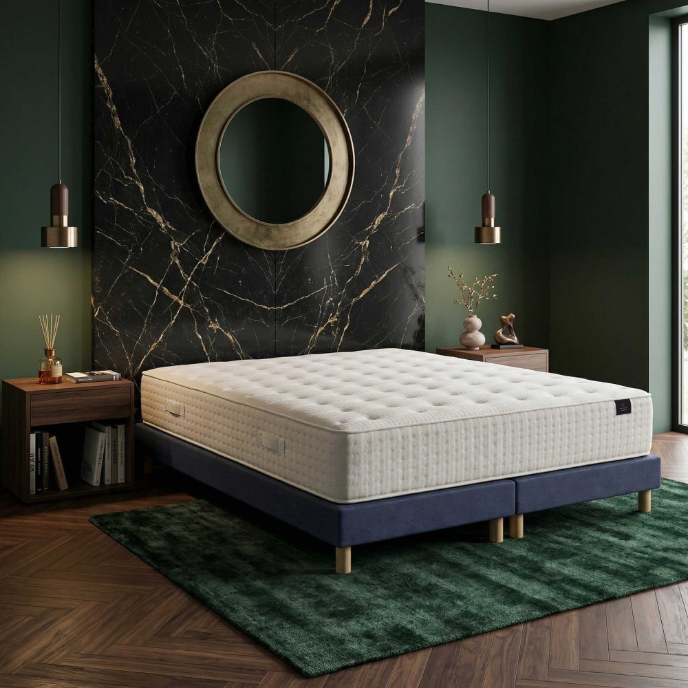 Matelas hybride helios mémoire de forme h31 cm sommier bleu