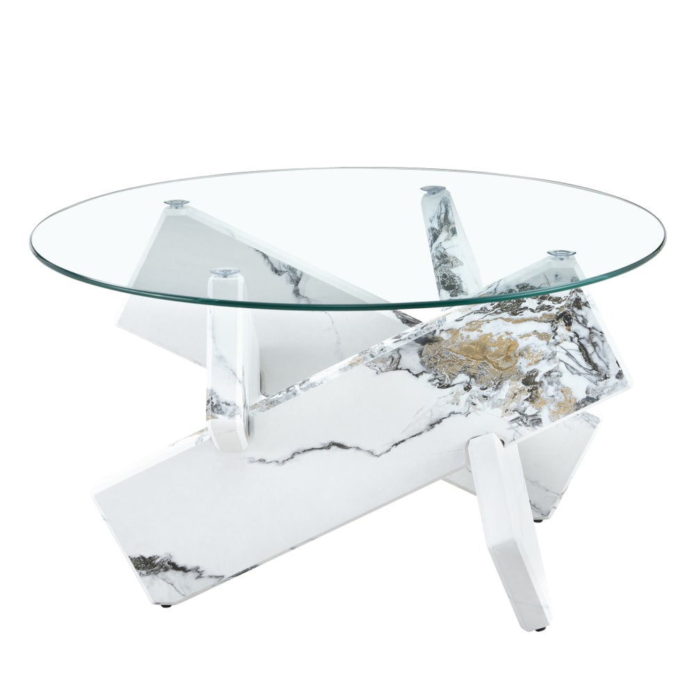 OKWISH Couchtisch aus MDF und Glas mit Kreuzfuß 79x45 cm, transparent weiß - Holz