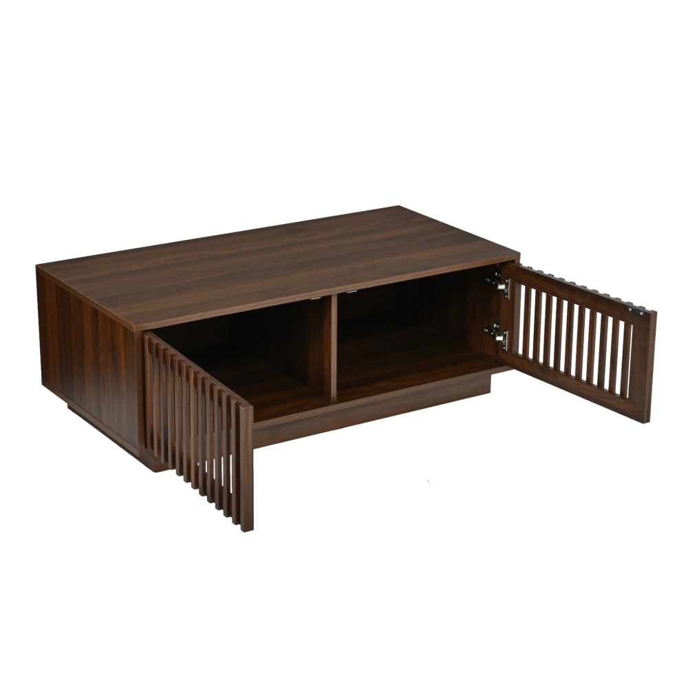 Table basse noyer avec 2 portes ajourées et rangement 100x50x35 cm