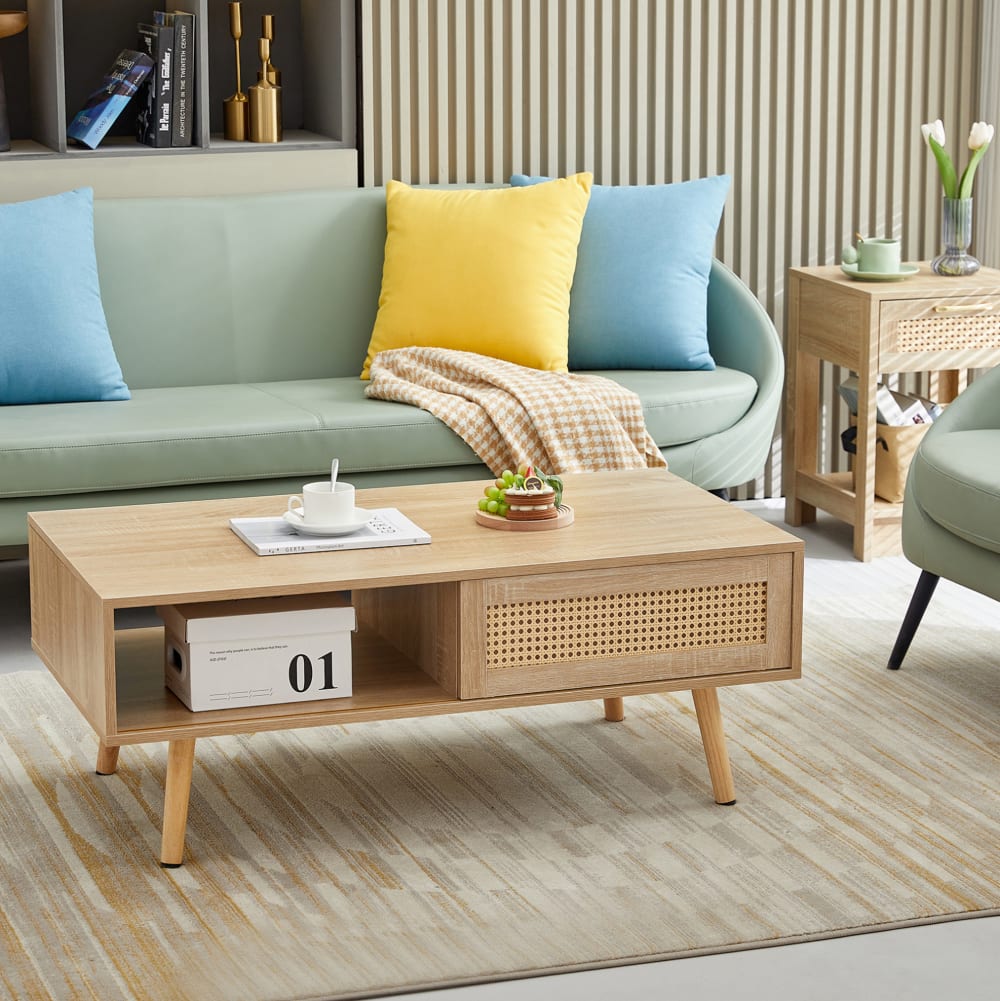 Table basse en rotin marron avec porte coulissante 105x55x40 cm
