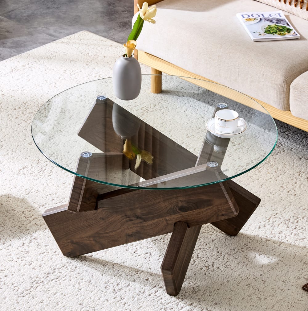 Couchtisch aus MDF und Glas rund 79x79x45 cm, transparent/braun -