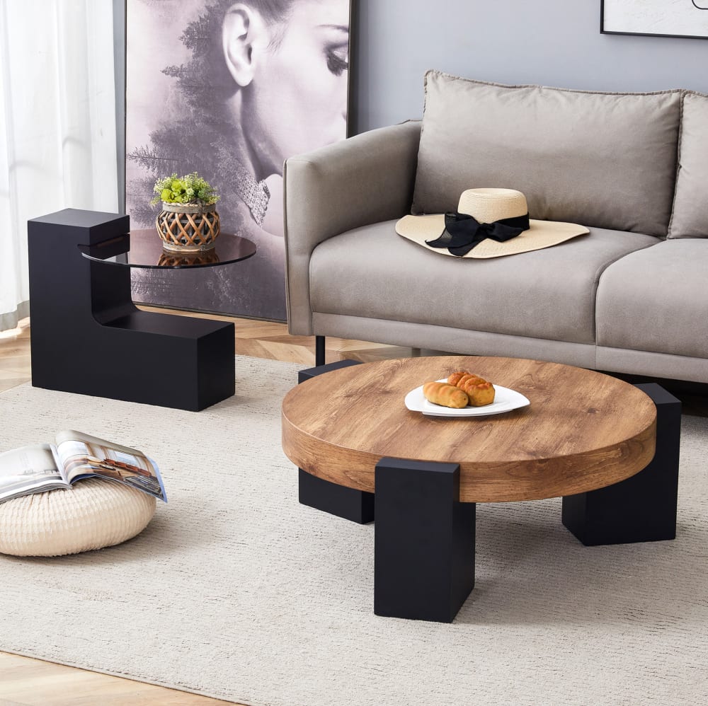 2-teiliges Couchtisch-Set aus Glas MDF rund 61 cm, schwarz braun