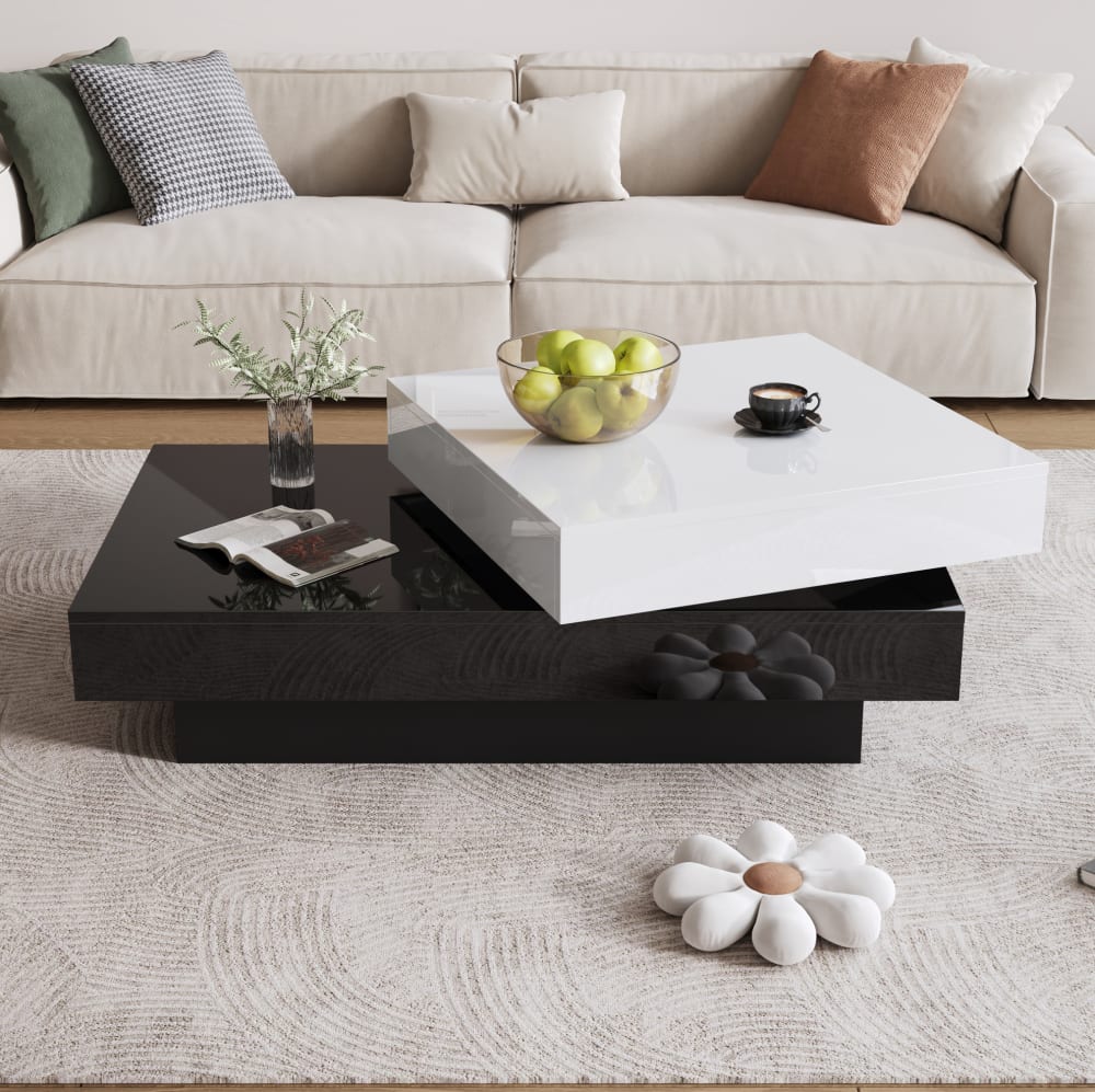Table basse blanche et noire avec plateau pivotant 103x60x35,5 cm
