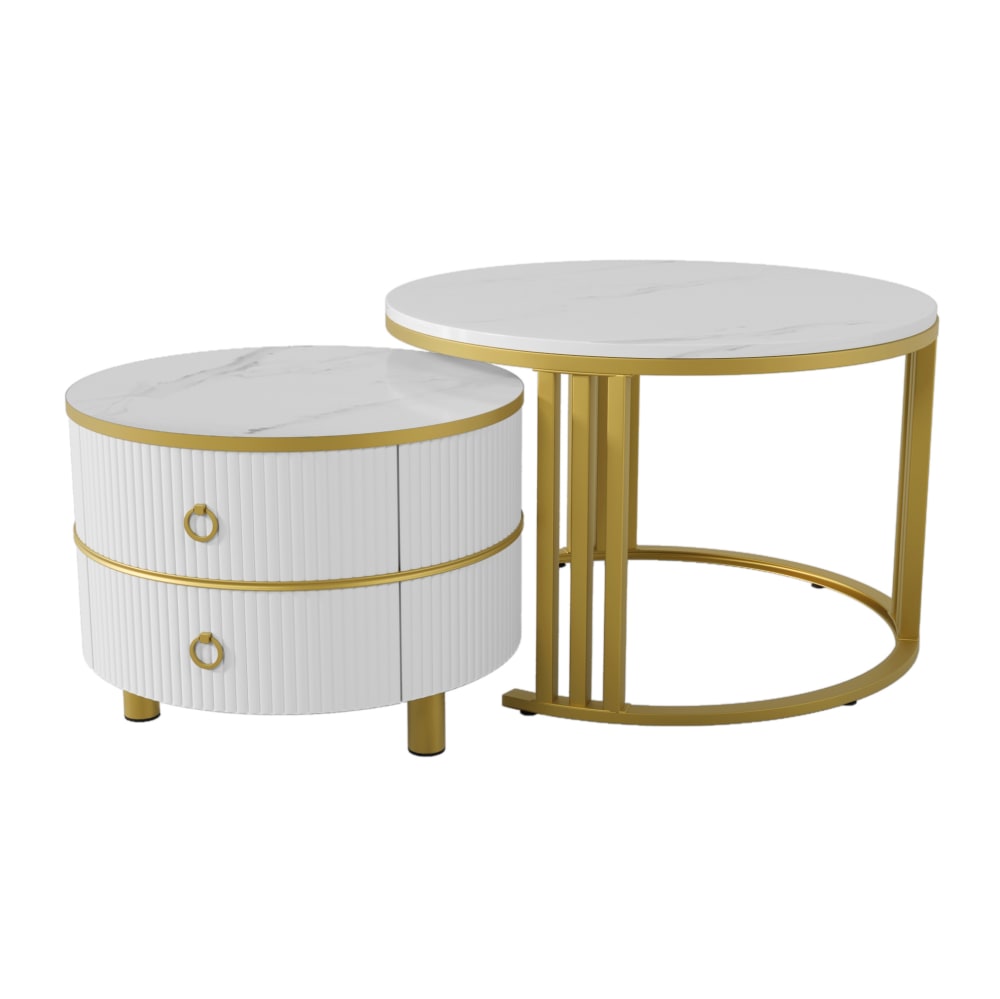 OKWISH 2-teiliger Couchtisch aus MDF mit 2 Schubladen 70x70x46 cm, weiß-gold - Holz