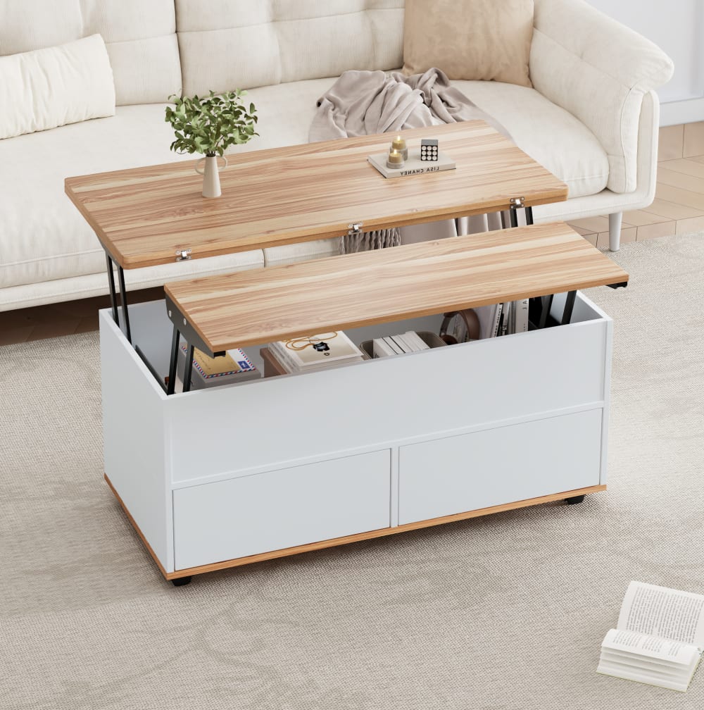 Couchtisch aus Spanplatte mit Hubplatte 100x98x65 cm, weiß/braun