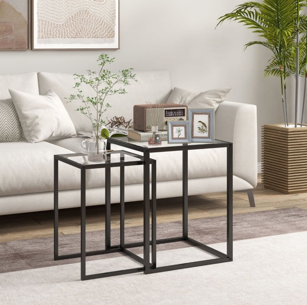 2er-Set Beistelltische aus Glas stapelbar 42x42x51 cm, schwarz -