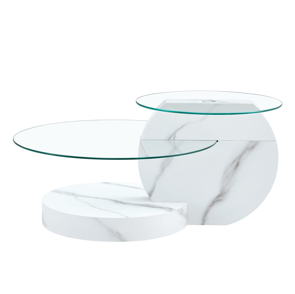 OKWISH Couchtisch aus MDF und Glas mit 2 Ebenen 70 cm, weiß - Holz