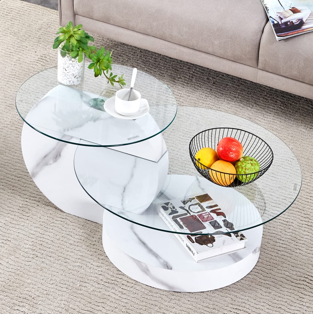 Couchtisch aus MDF und Glas mit 2 Ebenen 70 cm, weiß - Maisons Du