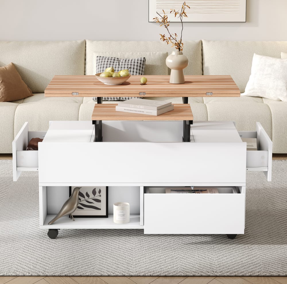 Couchtisch aus Spanplatte mit Hubplatte 100x50x52 cm, weiß braun