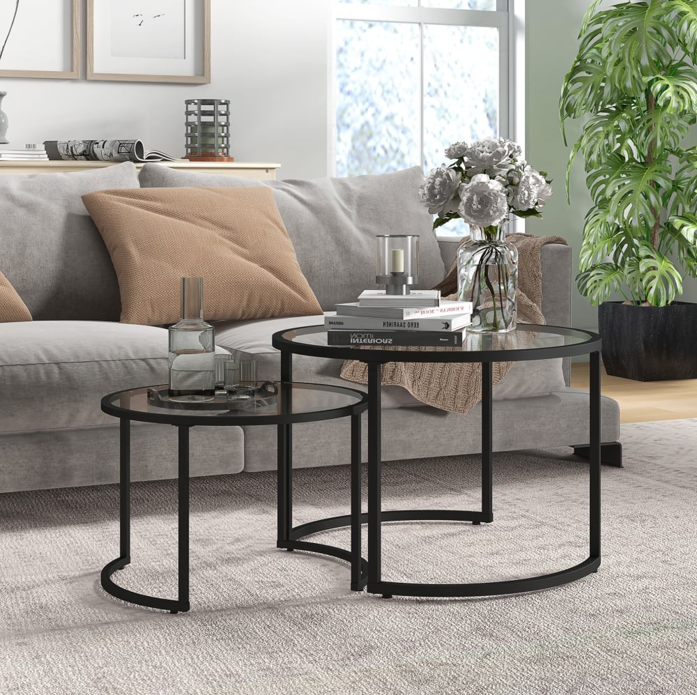 OKWISH Couchtisch-Set aus Stahl mit Glasplatte Ø70/54x47,5/42,5 cm, schwarz - Metall
