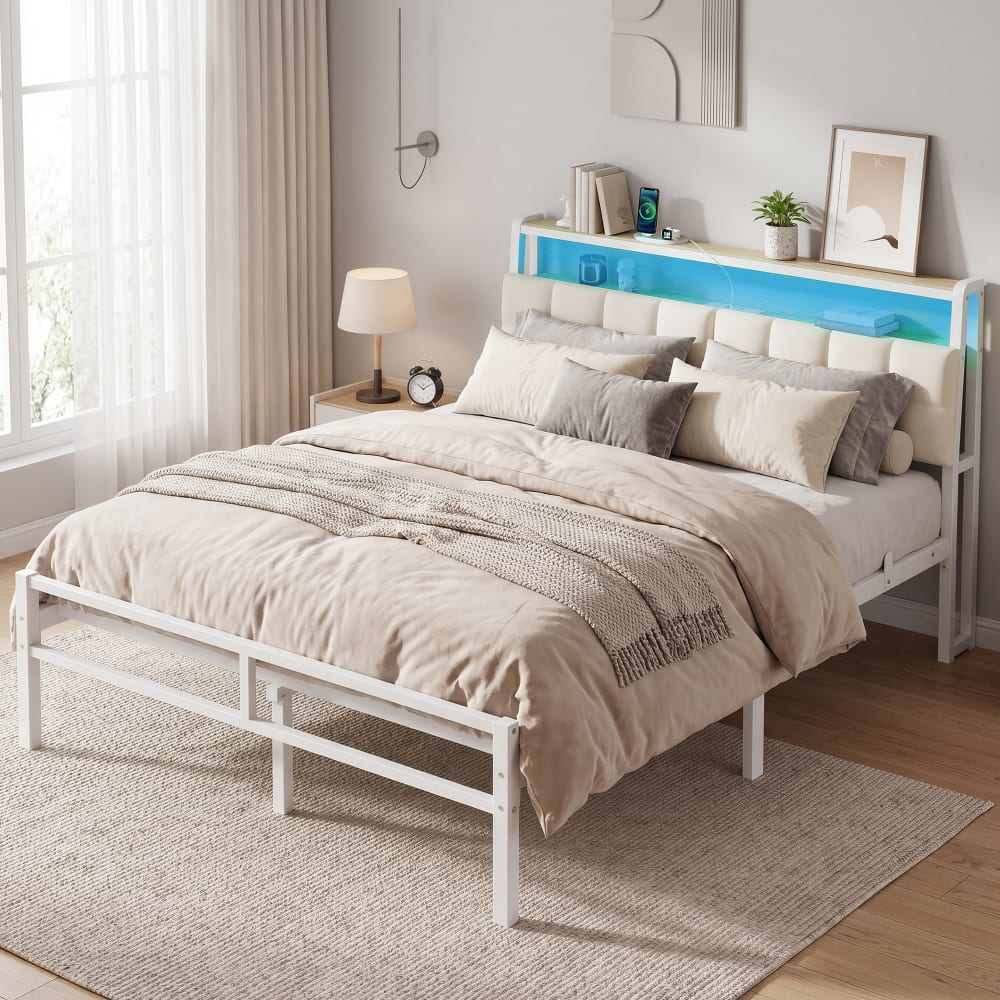 Cadre de lit en métal avec tête de lit rembourrée 140 x 190 cm blanc