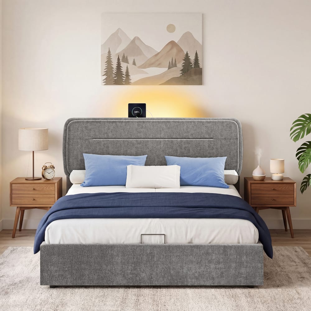 Lit coffre double relevable avec rangement éclairage ports gris