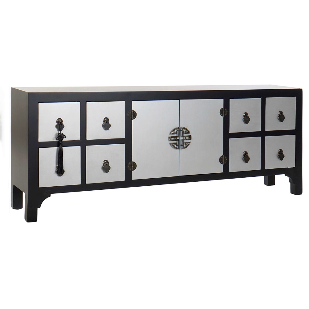Meuble tv oriental en sapin noir 130x24x51 cm