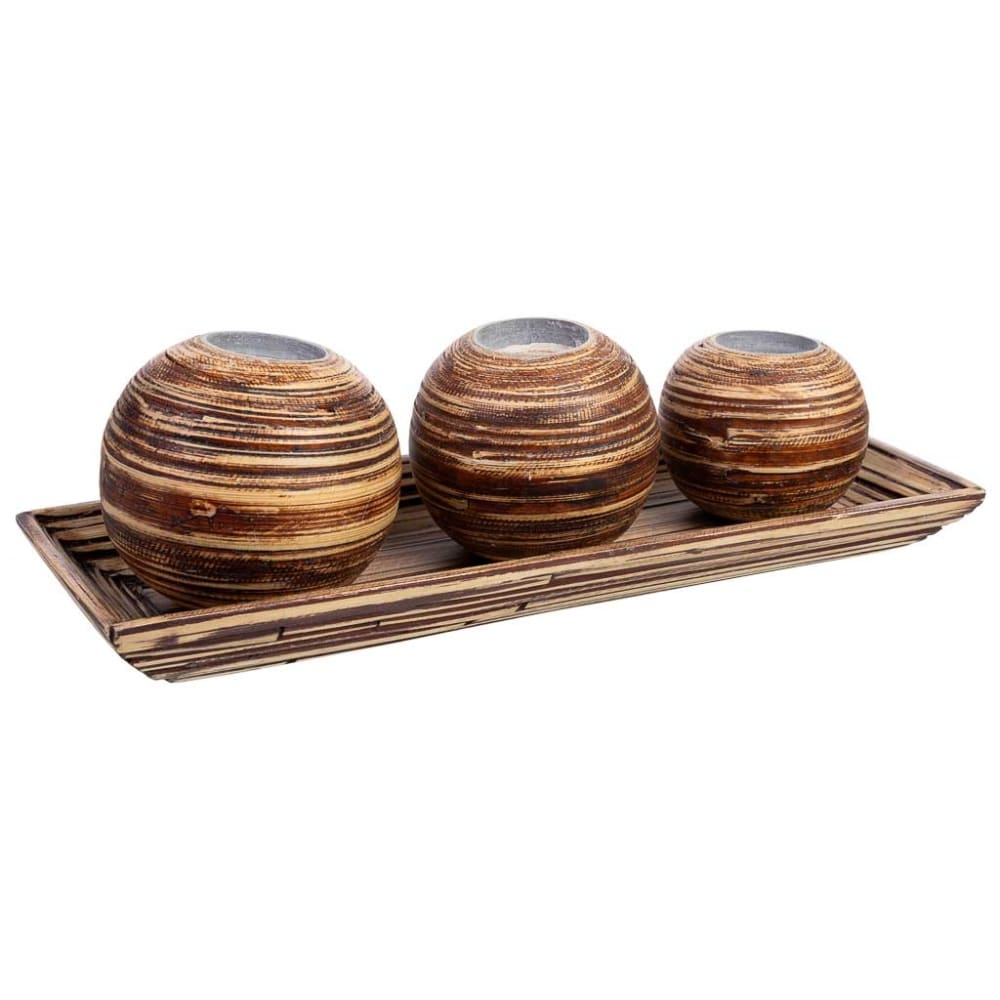 Jeu plateau et 3 photophores en bois de bambou marron 33x13x3 cm