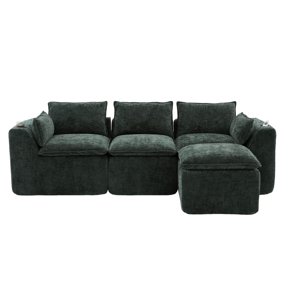 Modulares 3-Sitzer Sofa mit Hocker, aus dunkelgrünem Chenille,