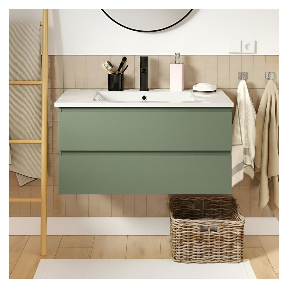 Einzelwaschtisch 80 cm, Eichenoptik, mit Waschbecken und Armatur
