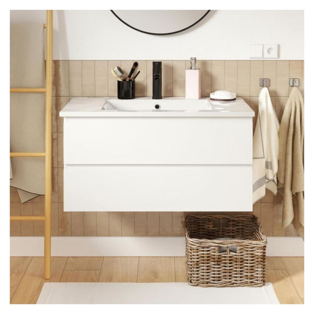 Einzelwaschtisch 80 cm, Eichenoptik, mit Waschbecken und Armatur